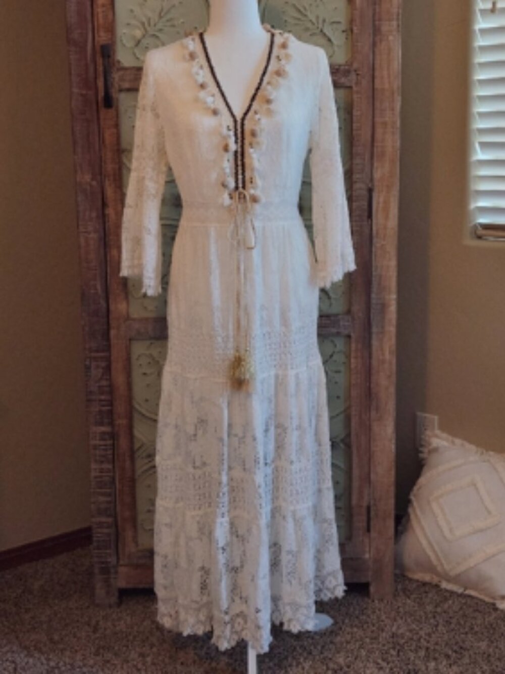 Embellished Bohemian White Lace Maxi Dress